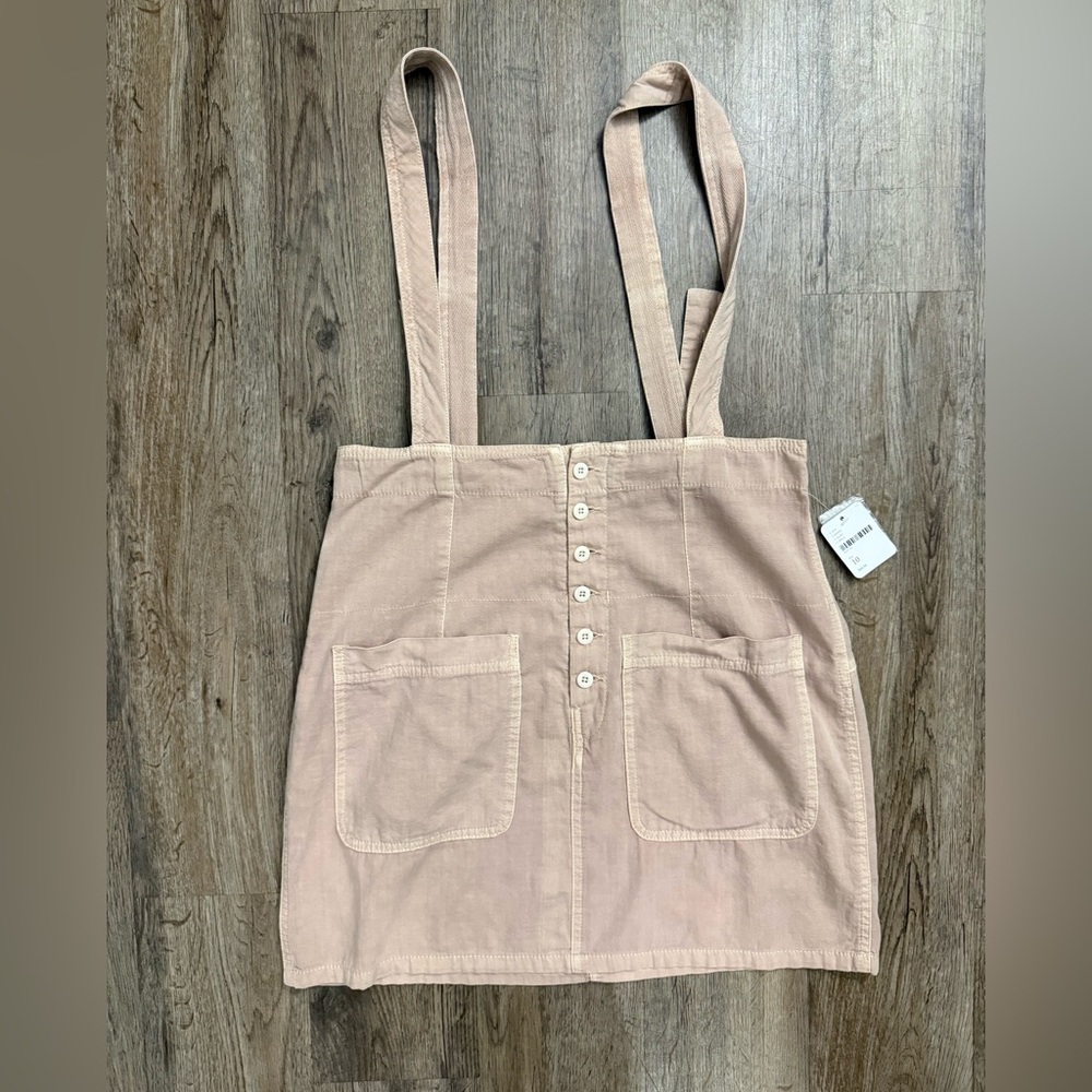 Free People • Suspender Skirt Mini Button Front Utility Beige NWT Size 10 - Picture 2 of 15